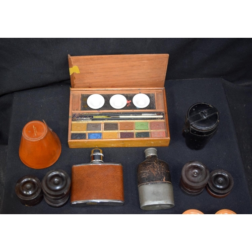 3163 - A vintage Painting Box, Hip Flasks etc (qty)