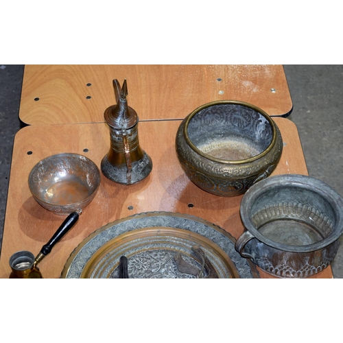 3179 - Group of miscellaneous metal items fire surround, Islamic dish quantity