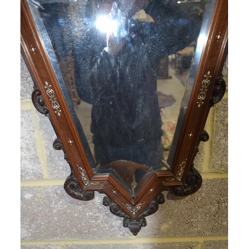 3182 - An Antique continental bevelled glass Mirror with wooden ivory inlaid frame.  108cm x 60cm