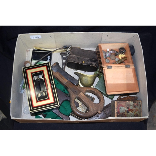 3185 - Miscellaneous group, vintage tools, money boxes, opera glasses etc