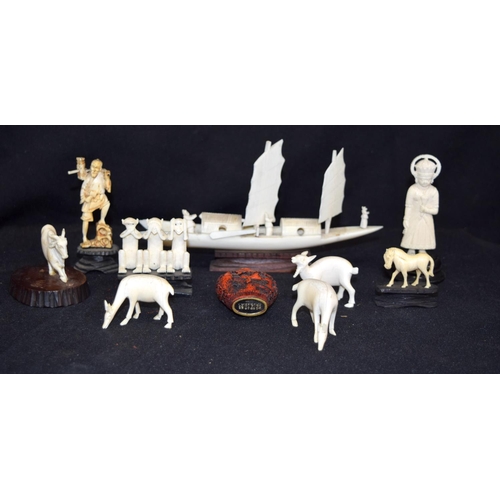 3190 - Group of ivory figures and a Cinnabar snuff bottle