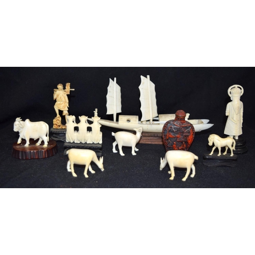 3190 - Group of ivory figures and a Cinnabar snuff bottle