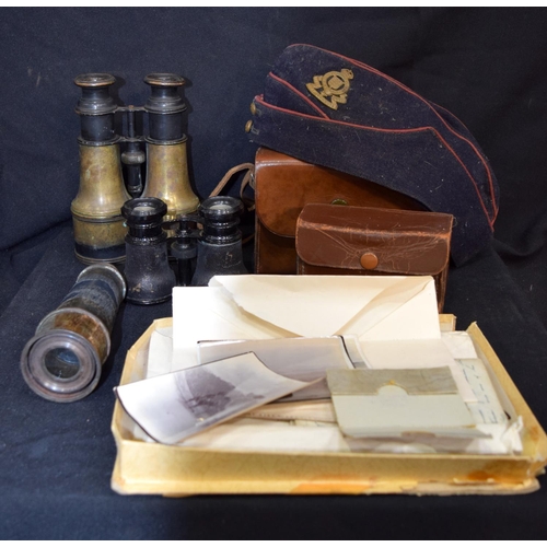 3215 - Three vintage binoculars ,telescope ,camera, military cap and photographs/letters