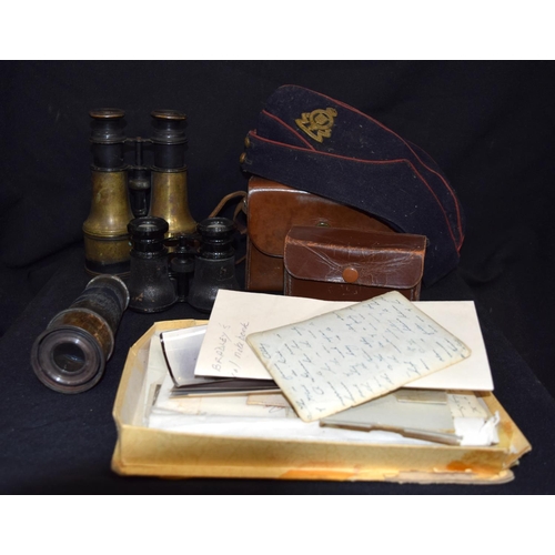 3215 - Three vintage binoculars ,telescope ,camera, military cap and photographs/letters