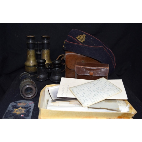 3215 - Three vintage binoculars ,telescope ,camera, military cap and photographs/letters