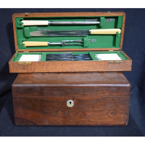 3231 - A boxed stainless Knife Set together with another wooden box with Mother of Pearl insert.  41cm x 15... 