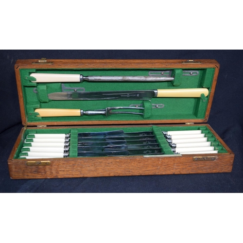 3231 - A boxed stainless Knife Set together with another wooden box with Mother of Pearl insert.  41cm x 15... 