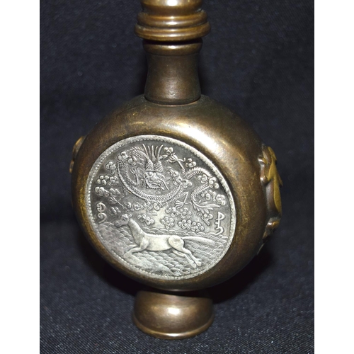 3287 - A Chinese Bronze Snuff Bottle with a white metal plaque