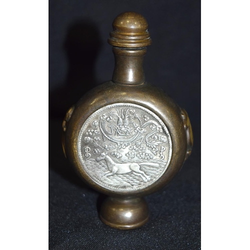 3287 - A Chinese Bronze Snuff Bottle with a white metal plaque