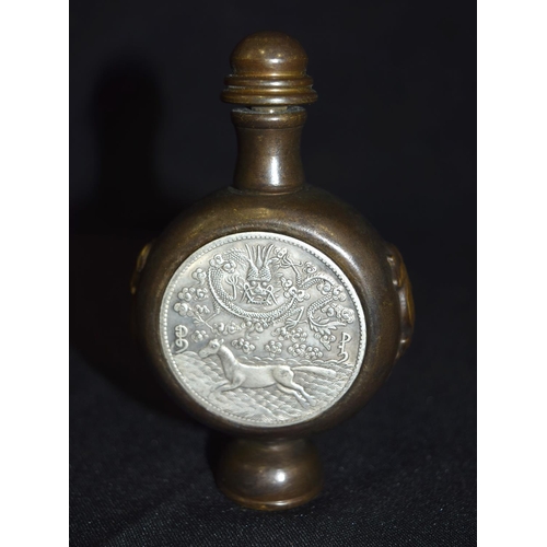 3287 - A Chinese Bronze Snuff Bottle with a white metal plaque