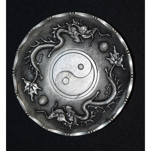 3298 - A Chinese white metal dragon dish 10 m