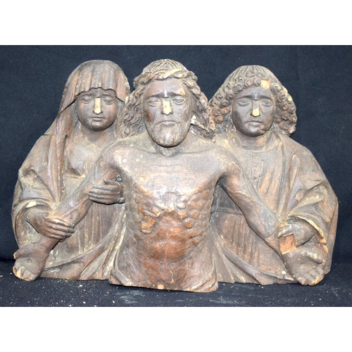 3306 - Early Northern European wooden statue of three figures 38cm x 26cm