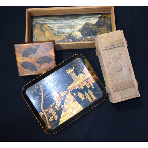 3367 - A Japanese Lacquered tray, together with two vintage boxes and a tray