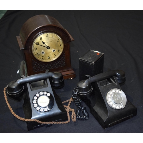 3369 - Two vintage Bakelite telephones, mantle clock and a Brownie camera