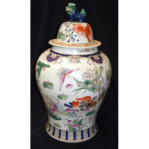 3374 - A large Chinese lidded vase decorated with fish, birds and foliage 64 x 36cm