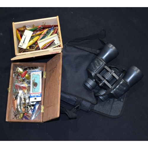 3420 - A quantity of fishing lures and a set of wave line binoculars