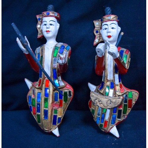 3480 - Two painted wooden Thai figures decorated with coloured glass