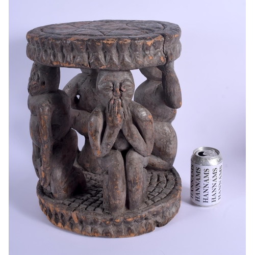 8 - AN EARLY 20TH CENTURY AFRICAN YORUBA TRIBAL STOOL formed with four opposing figures. 38 cm x 26 cm.