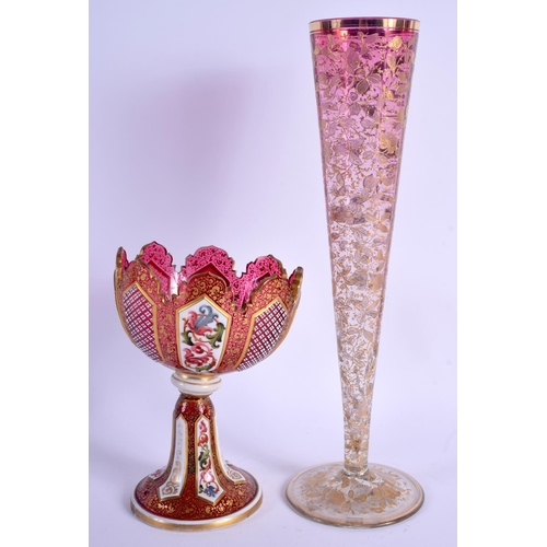 10 - A 19TH CENTURY BOHEMIAN ENAMELLED RUBY GLASS COMPORT together with a gilt decorated vase. Largest 38... 