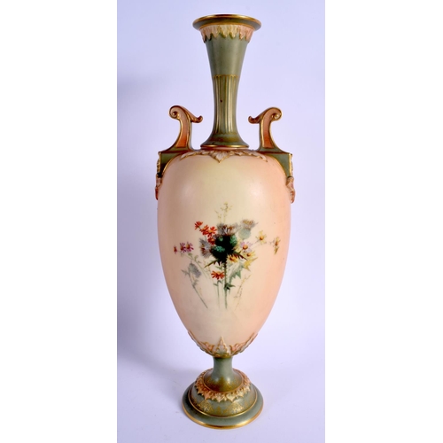 122 - A ROYAL WORCESTER LARGE TWO HANDLED VASE painted with Thistles probably by Edward Raby shape 1935, d... 