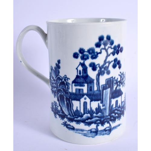 126 - A 18TH C. WORCESTER FINE MUG printed with a fence and bamboo, the reverse with swimming ducks in fro... 