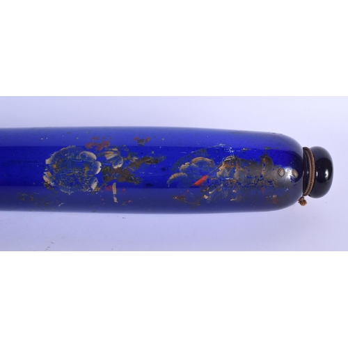 13 - A LONG ANTIQUE BRISTOL BLUE ROLLING PIN painted with flowers. 68 cm long.