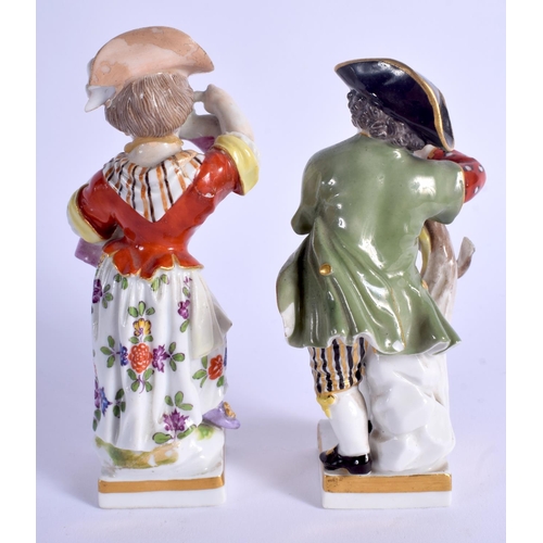 138 - Meissen pair of small square base figures of a girl pouring into a bottle and a boy grafting a tree.... 