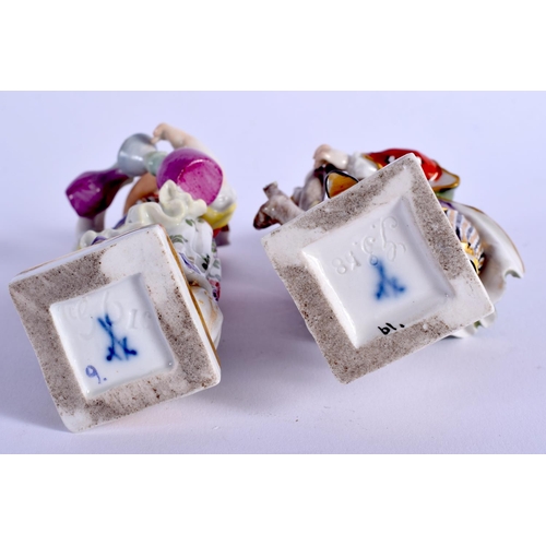 138 - Meissen pair of small square base figures of a girl pouring into a bottle and a boy grafting a tree.... 