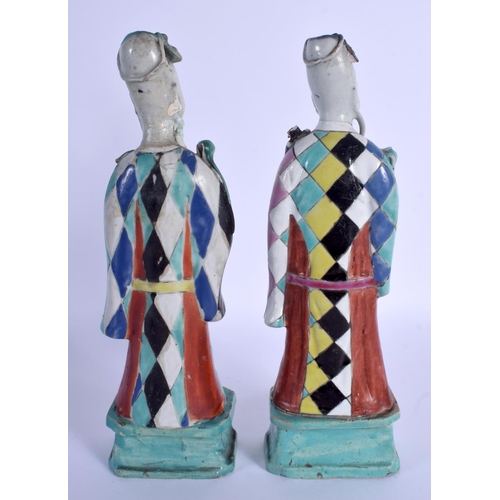 1508 - A PAIR OF 18TH CENTURY CHINESE EXPORT HARLEQUIN IMMORTALS Qing, enamelled with motifs. 24.5 cm high.