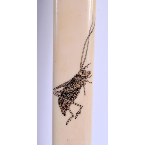 1509 - A LARGE 19TH CENTURY JAPANESE MEIJI PERIOD CARVED IVORY PAGE TURNER decorated with insects and moths... 