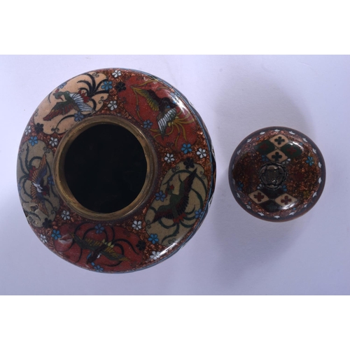 1514 - A 19TH CENTURY JAPANESE MEIJI PERIOD CLOISONNE ENAMEL CENSER AND COVER decorated with birds and foli... 