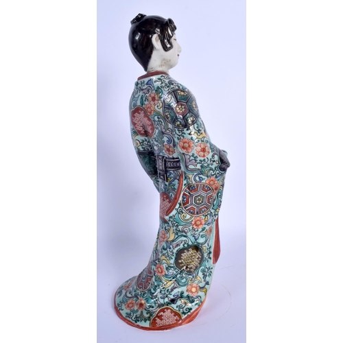 1524 - A 19TH CENTURY JAPANESE MEIJI PERIOD AO KUTANI PORCELAIN FIGURE OF A FEMALE modelled in floral embel... 