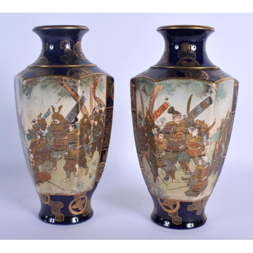 1525 - A PAIR OF 19TH CENTURY JAPANESE MEIJI PERIOD SATSUMA VASES painted with samurai and geisha within la... 