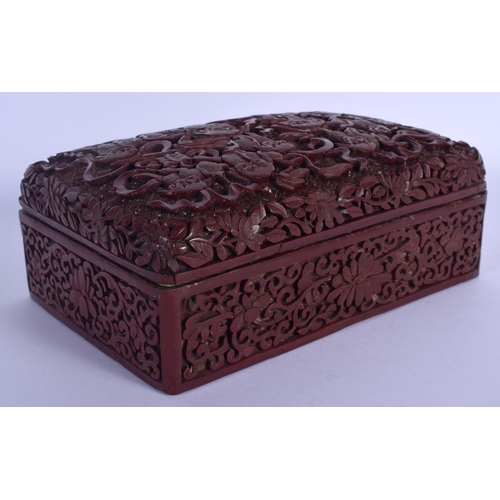 1536 - A RARE 19TH CENTURY CHINESE CARVED CINNABAR LACQUER BOX AND COVER Qing, unusually decorated with bud... 