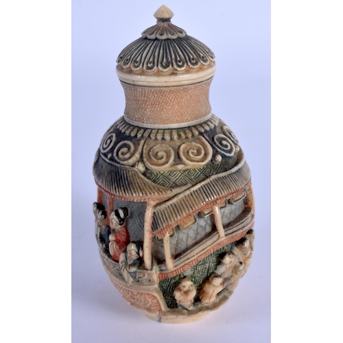 1570 - A GOOD 19TH CENTURY CHINESE CARVED POLYCHROMED IVORY SNUFF BOTTLE Qing, decorated with figures withi... 