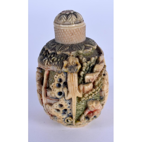 1571 - A SMALLER 19TH CENTURY CHINESE CARVED POLYCHROMED IVORY SNUFF BOTTLE AND STOPPER Qing, decorated wit... 