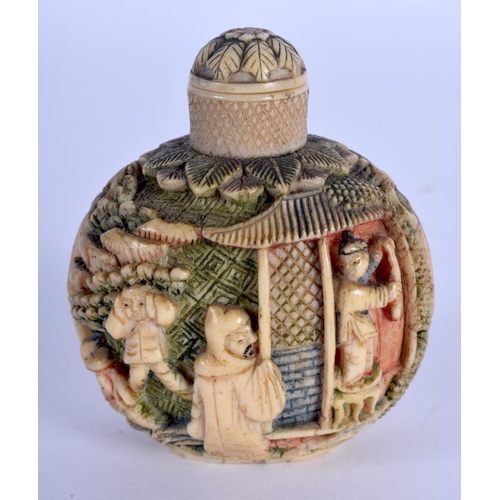 1571 - A SMALLER 19TH CENTURY CHINESE CARVED POLYCHROMED IVORY SNUFF BOTTLE AND STOPPER Qing, decorated wit... 