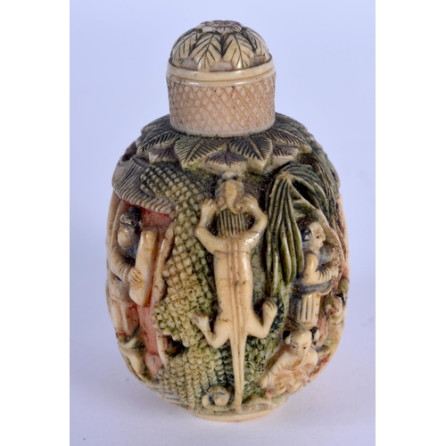 1571 - A SMALLER 19TH CENTURY CHINESE CARVED POLYCHROMED IVORY SNUFF BOTTLE AND STOPPER Qing, decorated wit... 