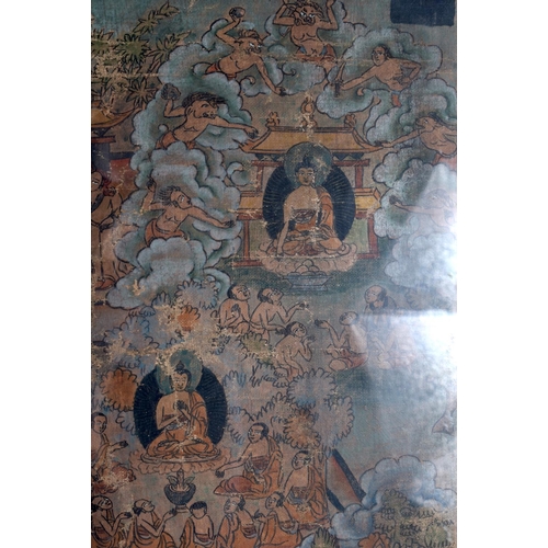 1573 - AN 18TH/19TH CENTURY CHINESE TIBETAN PAINTED WATERCOLOUR THANGKA decorated with  buddhistic figures ... 