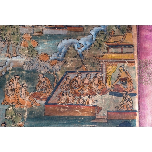 1573 - AN 18TH/19TH CENTURY CHINESE TIBETAN PAINTED WATERCOLOUR THANGKA decorated with  buddhistic figures ... 