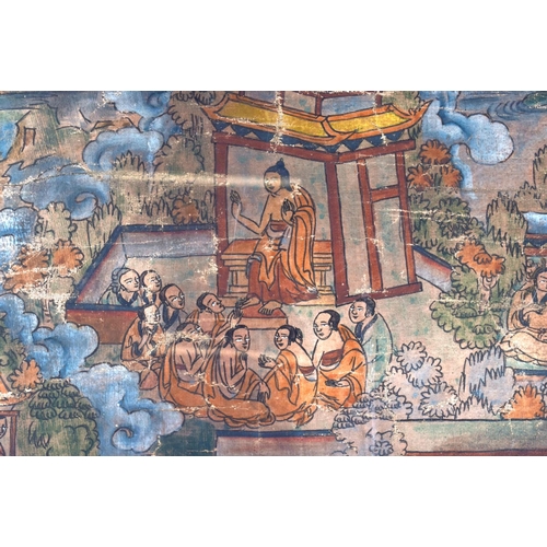 1573 - AN 18TH/19TH CENTURY CHINESE TIBETAN PAINTED WATERCOLOUR THANGKA decorated with  buddhistic figures ... 