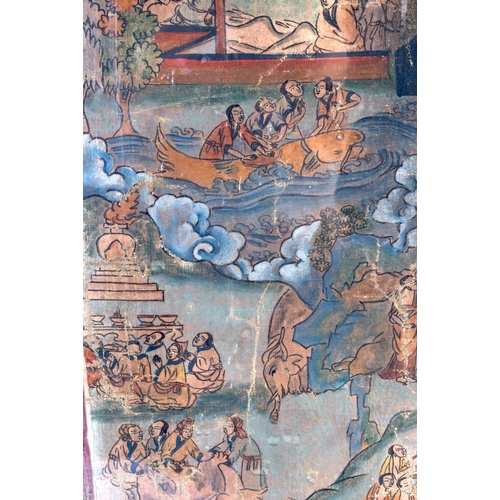 1573 - AN 18TH/19TH CENTURY CHINESE TIBETAN PAINTED WATERCOLOUR THANGKA decorated with  buddhistic figures ... 