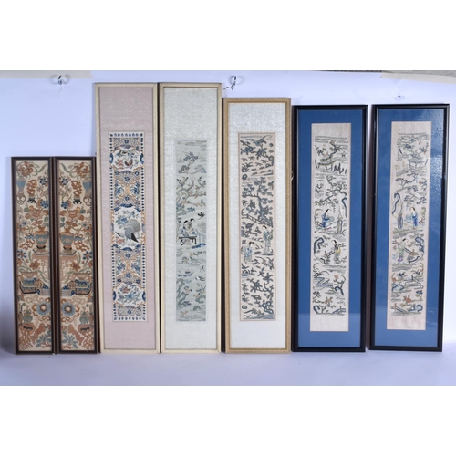 1585 - SEVEN 19TH CENTURY CHINESE SILKWORK SLEEVES in various forms and sizes. Largest 66 cm x 20 cm. (7)