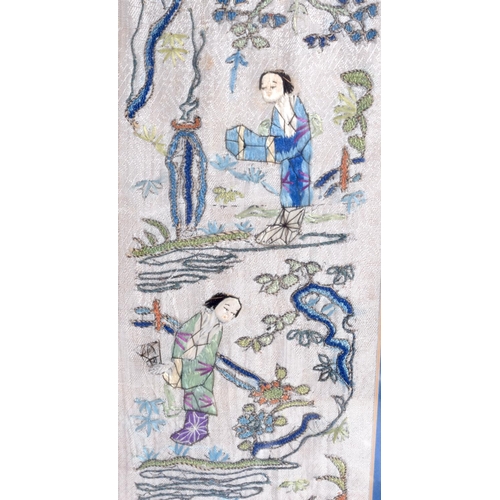 1585 - SEVEN 19TH CENTURY CHINESE SILKWORK SLEEVES in various forms and sizes. Largest 66 cm x 20 cm. (7)