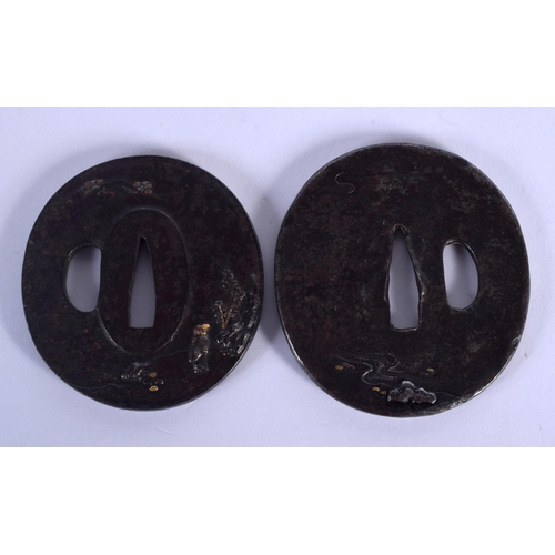 1593 - TWO 19TH CENTURY JAPANESE MEIJI PERIOD GOLD AND SILVER ONLAID TSUBA decorated with scholars within l... 