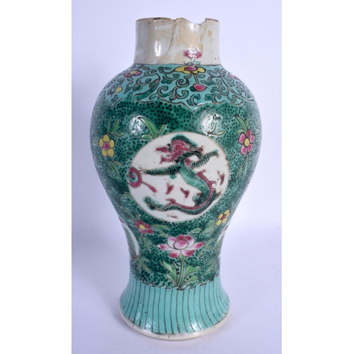 1594 - A LATE 18TH/19TH CENTURY CHINESE TURQUOISE GLAZED VASE painted with dragons and foliage. 25 cm high.