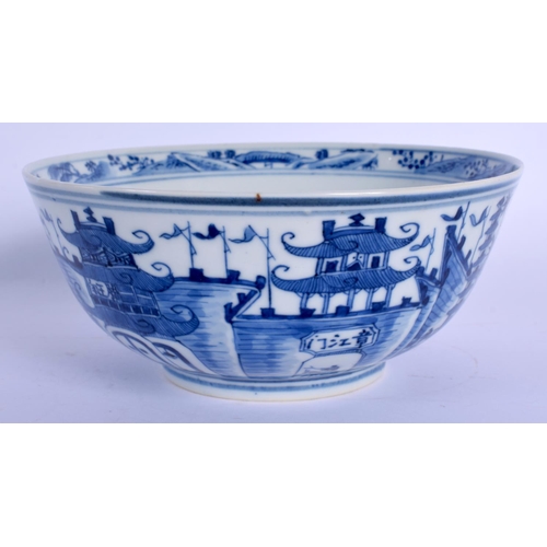 1611 - A 19TH CENTURY CHINESE BLUE AND WHITE PORCELAIN BOWL bearing Kangxi marks to base, painted with land... 