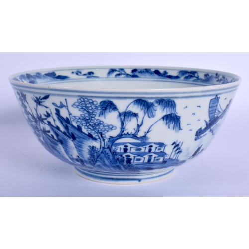 1611 - A 19TH CENTURY CHINESE BLUE AND WHITE PORCELAIN BOWL bearing Kangxi marks to base, painted with land... 