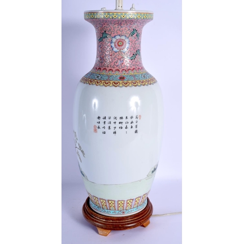 1660 - A LARGE CHINESE REPUBLICAN PERIOD FAMILLE ROSE VASE converted to a lamp. Vase 43 cm high.