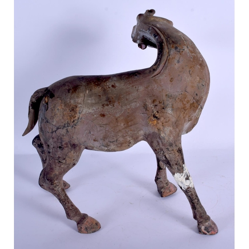 1668 - A CHINESE HAN DYNASTY POTTERY FIGURE OF A HORSE of unusual form. 27 cm x 23 cm.